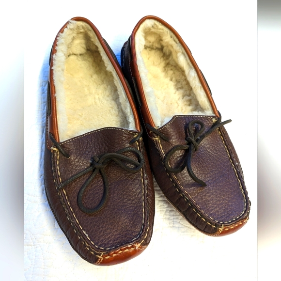 L.L. Bean Shoes Ll Bean Bison Leather Double Sole Moccasin Shearling Slippers Poshmark